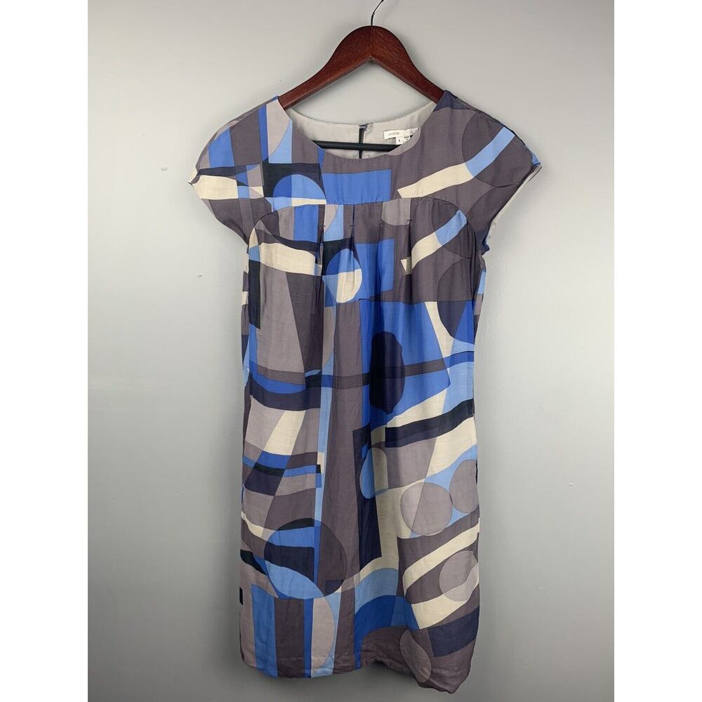 Vince Geometric Shift Dress Womens Size 4 silk blend Artsy Blue Gray